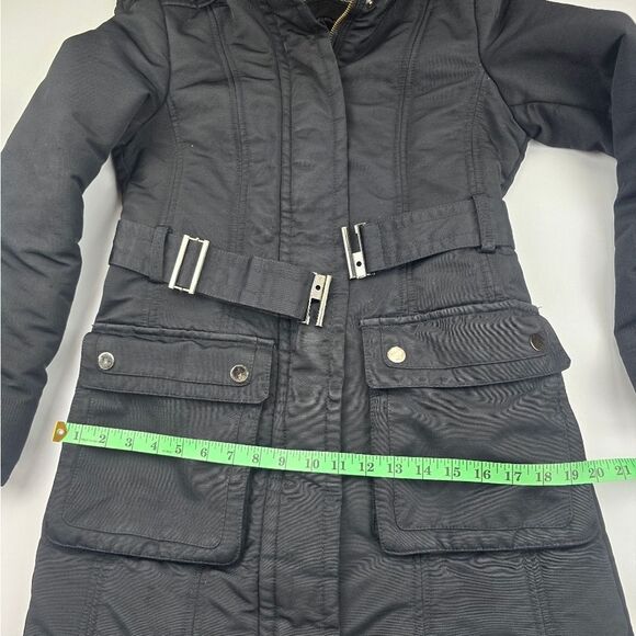 Zara Basic Black Snap Button Pockets Full Zip Belted Lined Hooded Jacket Size M - Picture 9 of 12